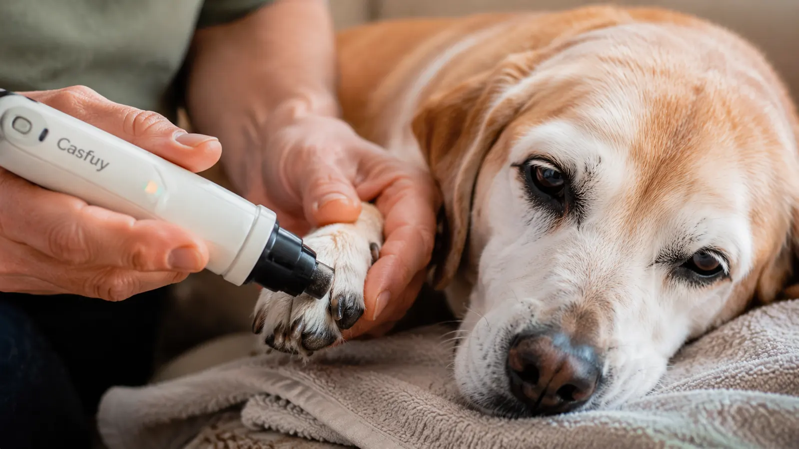A close view of a hand holding a small electric dog nail grinder against a senior dog's front paw while the dog lies relaxed on a towel