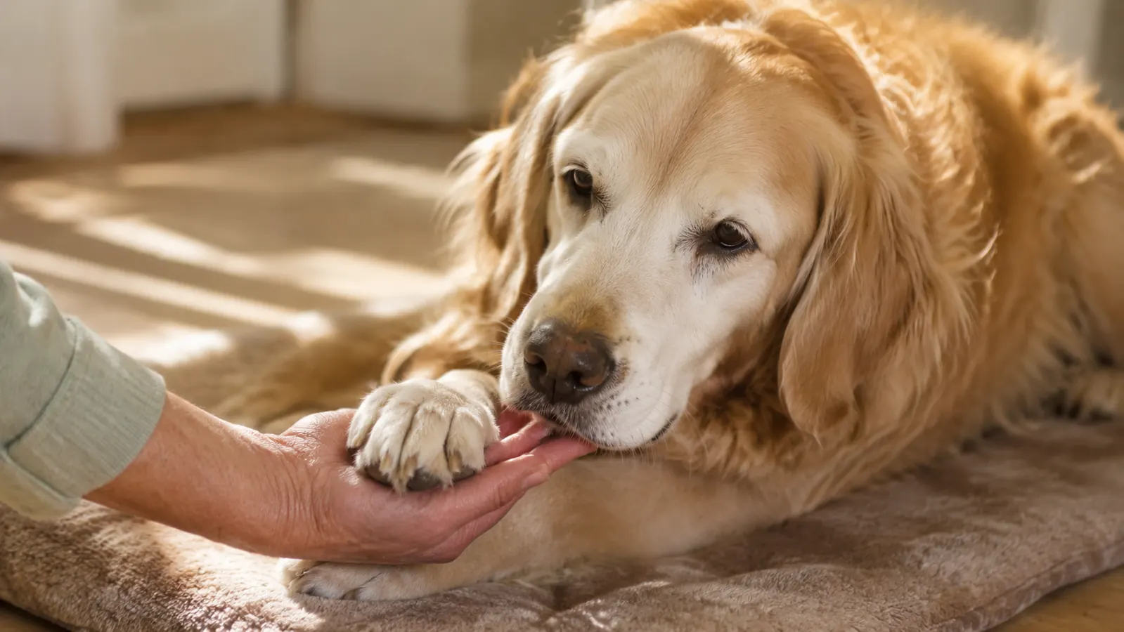 A person's hand resting on the freshly trimmed paw of a senior dog, nails cleanly rounded and short, the dog lying content on a mat