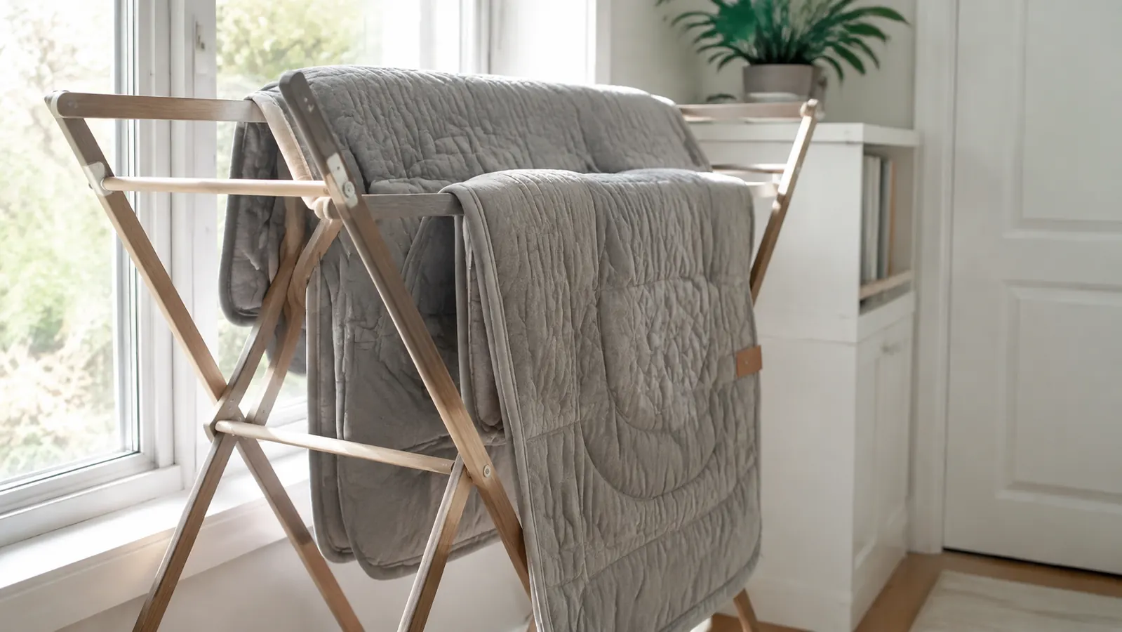 A freshly washed dog bed cover hung out to line dry on a wooden drying rack beside a bright sunny window, fresh and neat