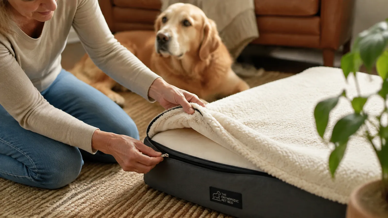 A hand zipping the washable cover back onto the orthopedic dog bed after laundering, foam core visible
