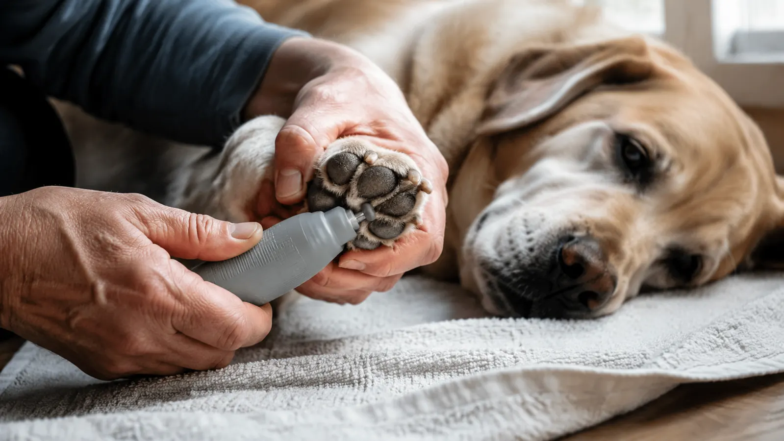 Close-up of a hand holding an electric nail grinder against the underside of a dog's front paw while the dog lies calmly on a towel, a few pale nail shavings on the fabric.