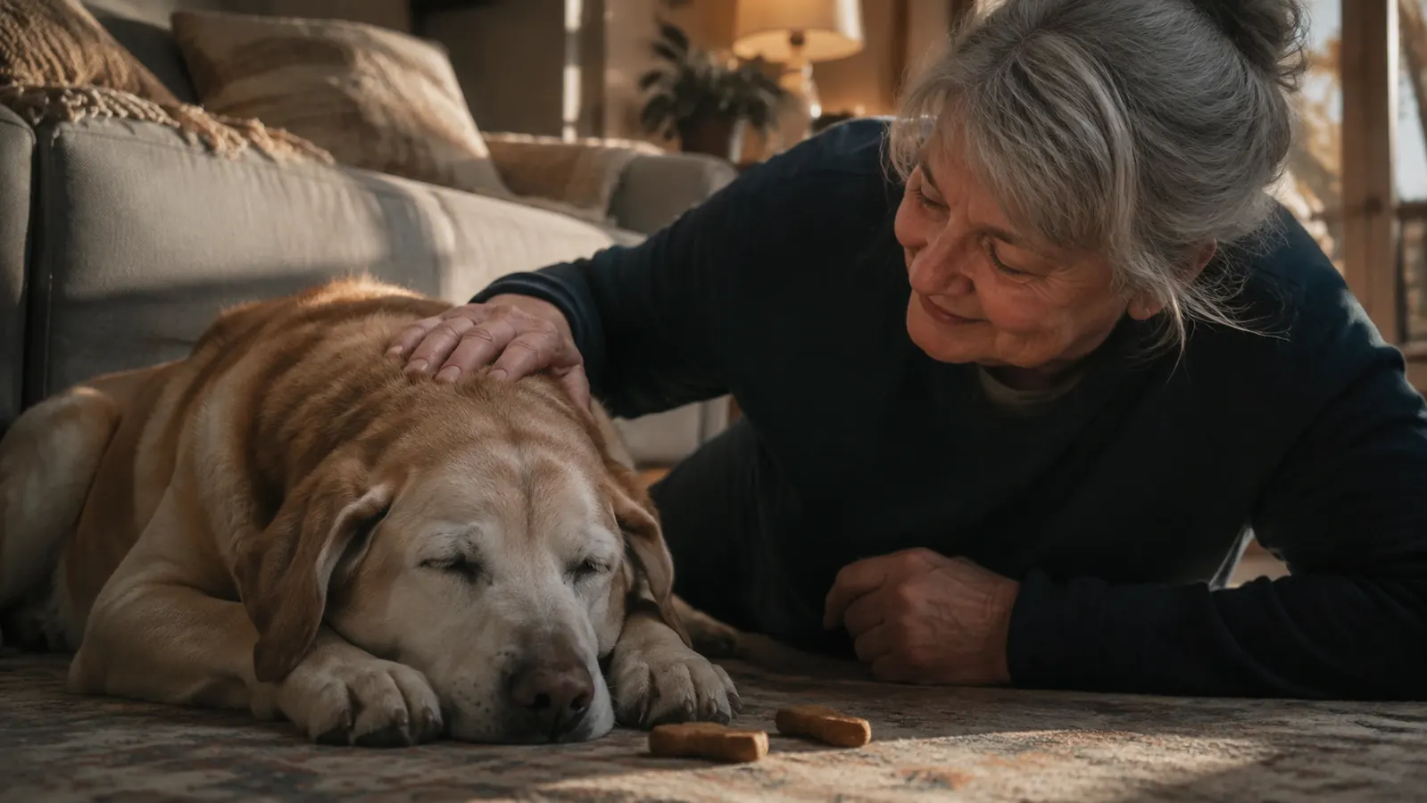 A senior dog sleeps on the floor at the base of a couch, head on its paws, late afternoon sun streaking across the rug.