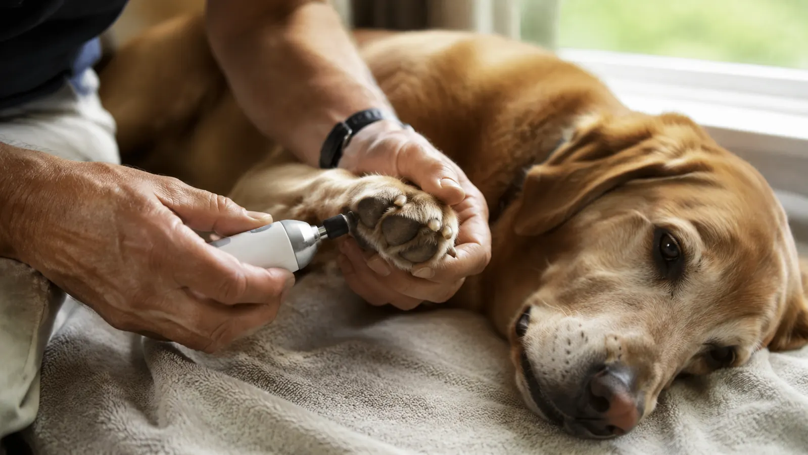 Close view of a person holding an electric nail grinder against a large dog's front paw while the dog lies calmly, the dog's nails visible against the fur