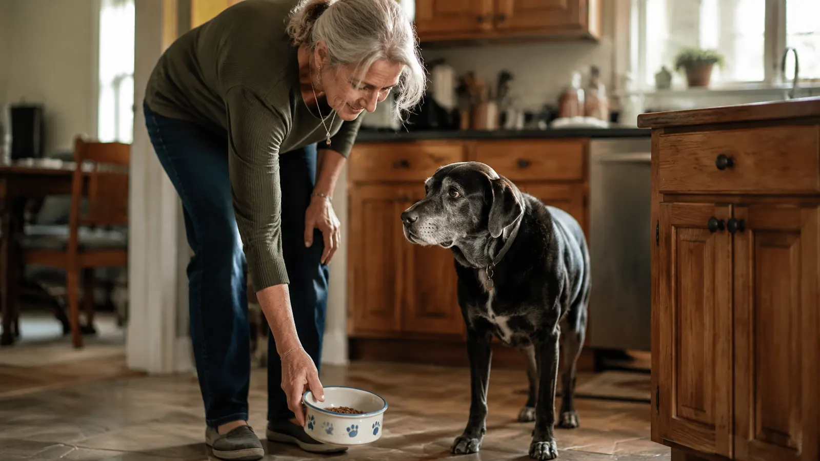 A grey-muzzled dog waiting patiently by a counter as its owner sets a food bowl in a warm kitchen