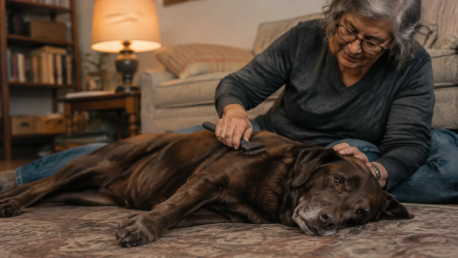 A relaxed senior dog lying on its side on a rug while its owner sits beside it with a small grooming tool