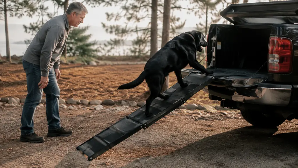 A folding dog ramp leaning at an angle against a pickup tailgate with the dog's front paws beginning to walk up it