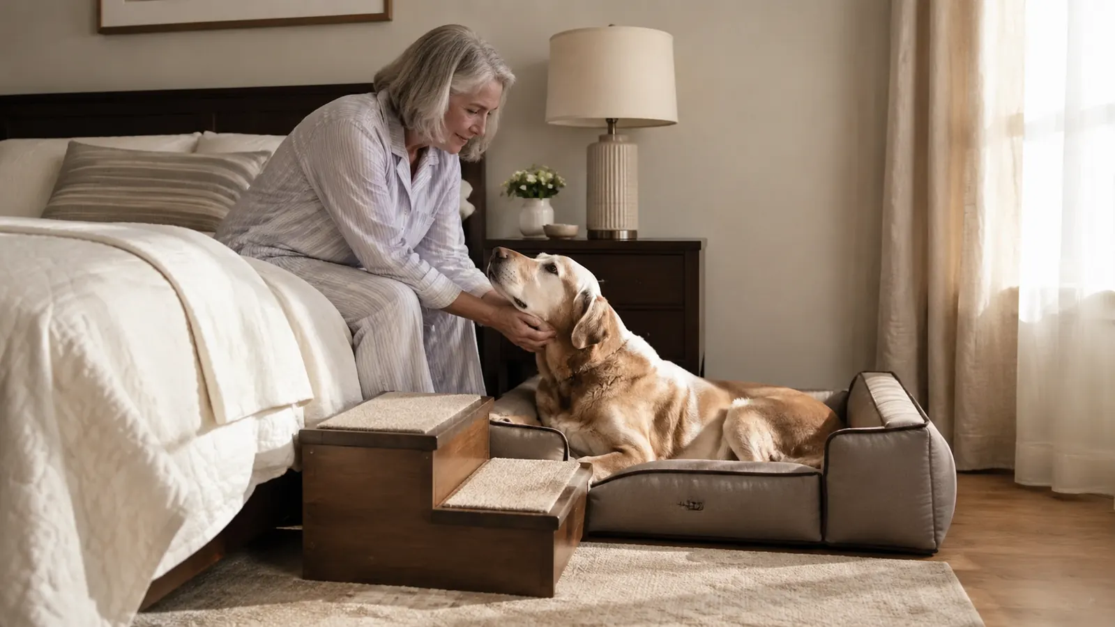 A compact two-step set of wooden pet stairs placed beside a low orthopedic dog bed at the foot of a bed in a cozy bedroom, morning light through a window