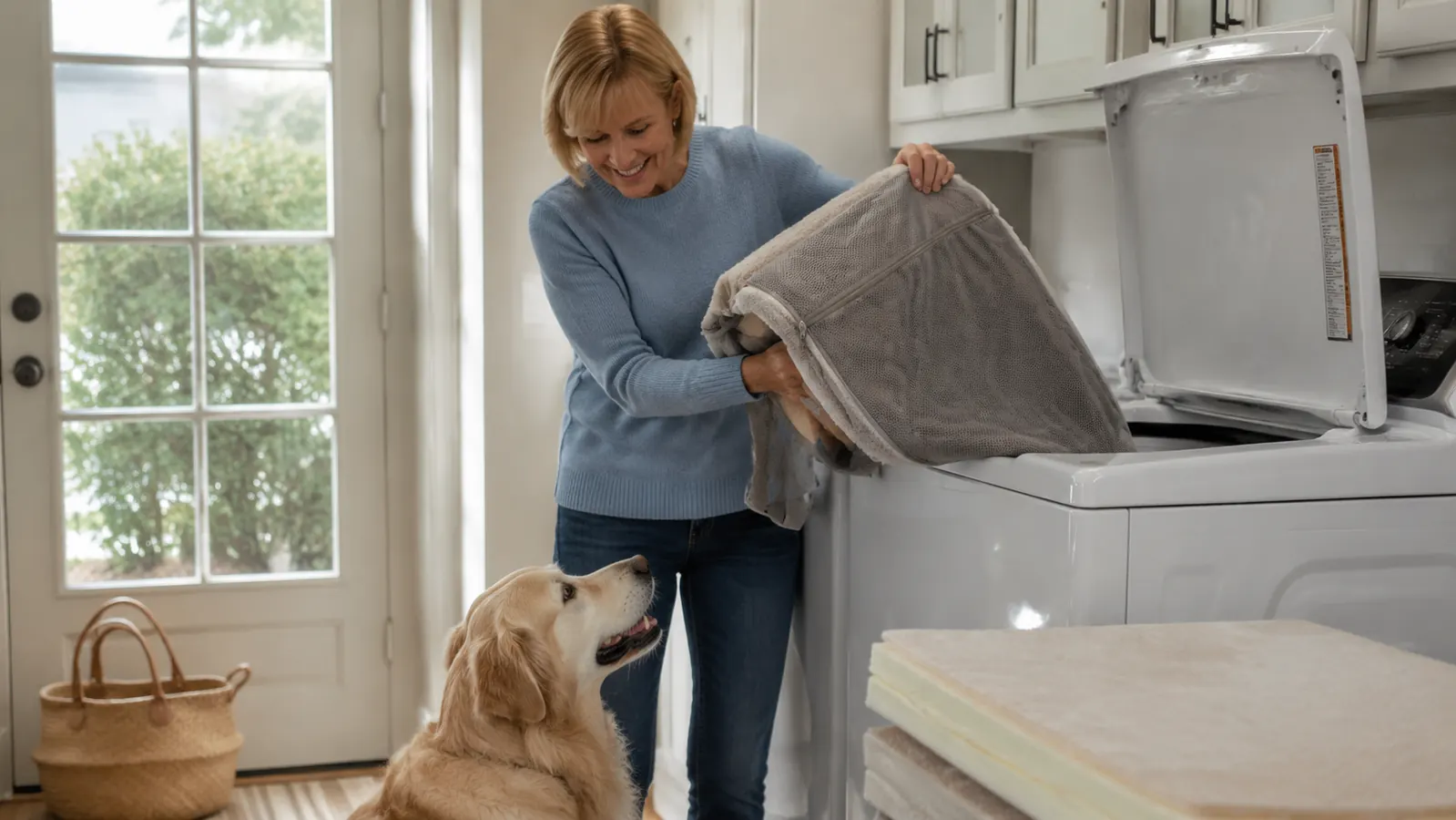 The removable cover of an orthopedic dog bed being lifted toward an open top-loading washing machine, a folded foam bed base sitting beside it on the floor.