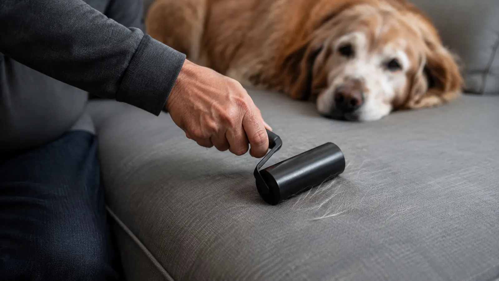 A hand rolling a reusable lint roller across a sofa cushion to lift pet hair