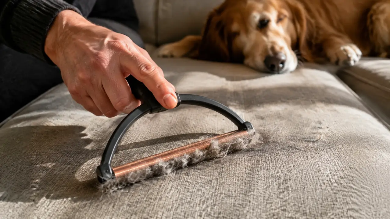 Close-up of a hand guiding a handheld fabric roller across a couch cushion in long overlapping strokes, a neat gathered line of gray pet hair rolling up ahead of the tool
