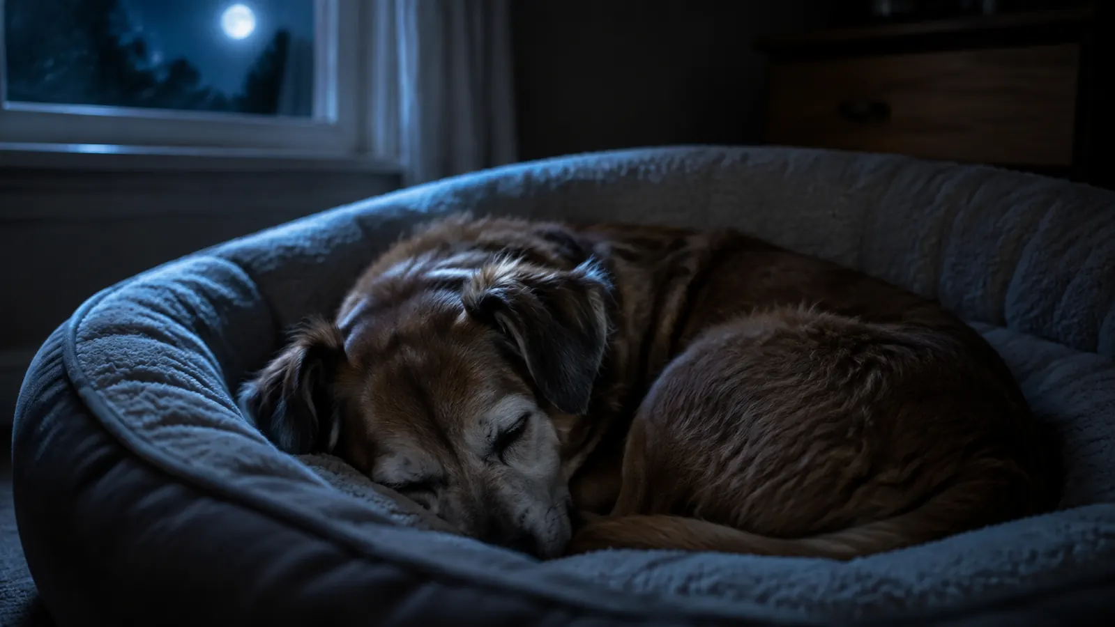 A small dog fast asleep on her bed in a dim bedroom at night, moonlight from a nearby window