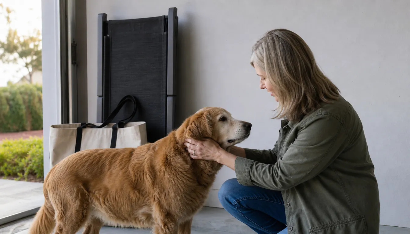 The folded dog ramp leaning upright against a garage wall beside a canvas bag, soft morning light through the door