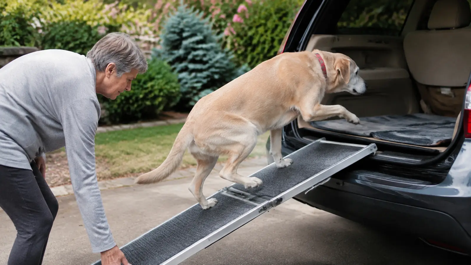 An adult hand steadying the end of a folding pet ramp while a senior dog steps onto it at the truck